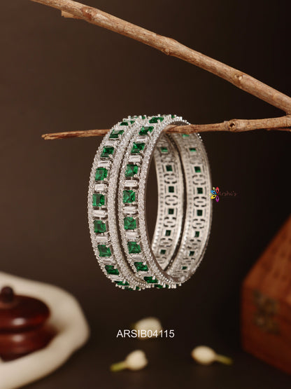 Rhodium Polish Emerald AD Stone Bangles