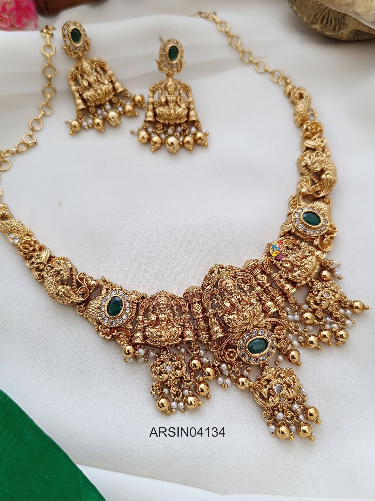 Matte Three Lakshmi Gold Drop Necklace