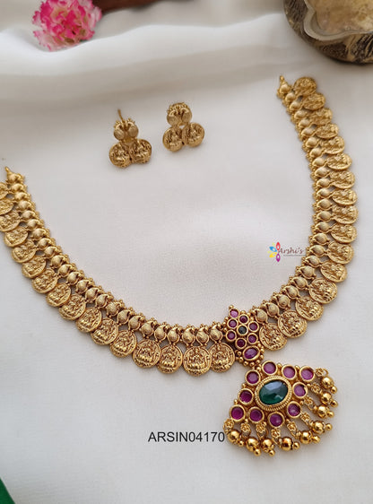 Lakshmi Coin Kemp Stone Pendant Necklace