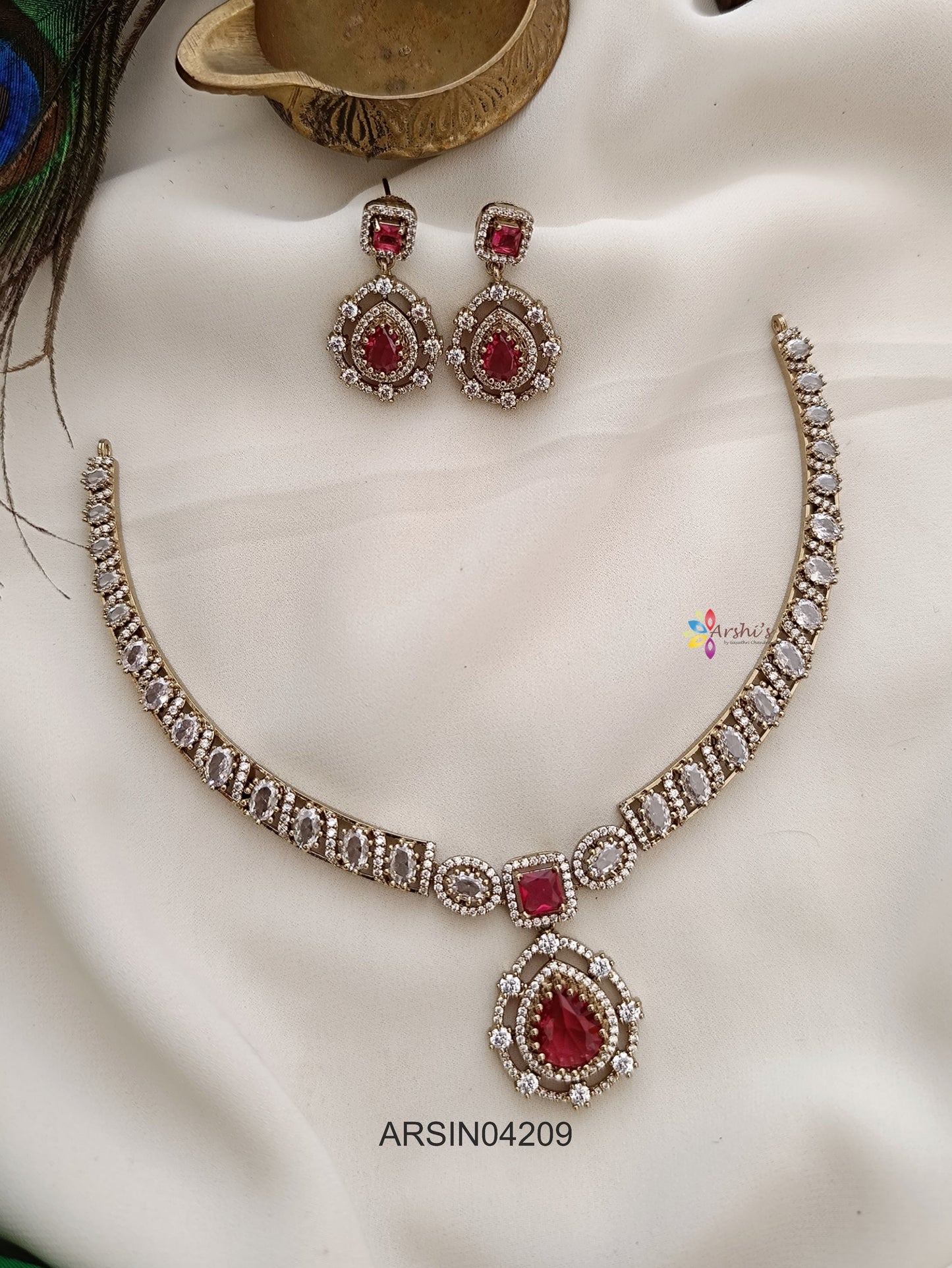 Ruby Tear Drop White Stone Necklace