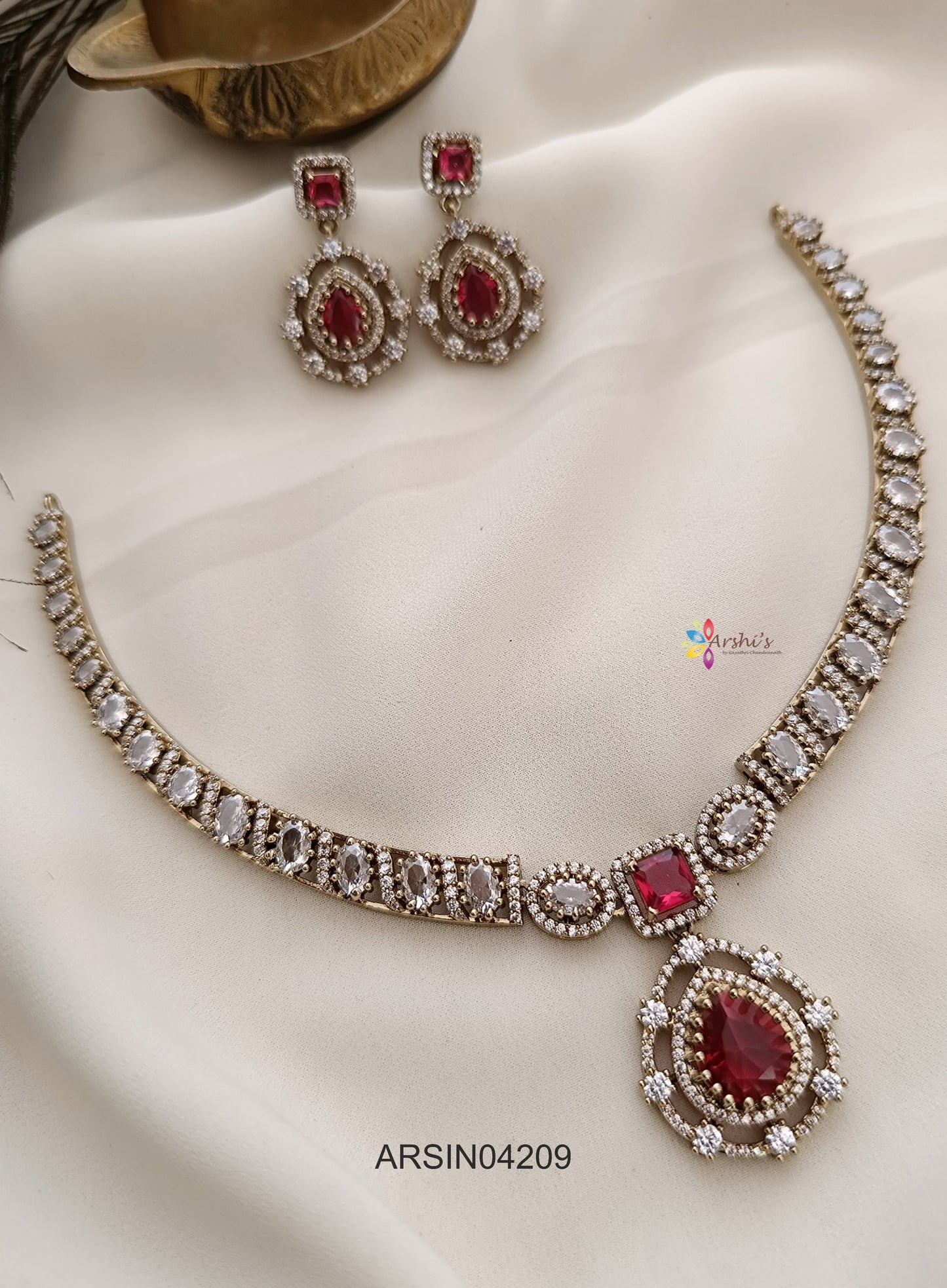 Ruby Tear Drop White Stone Necklace