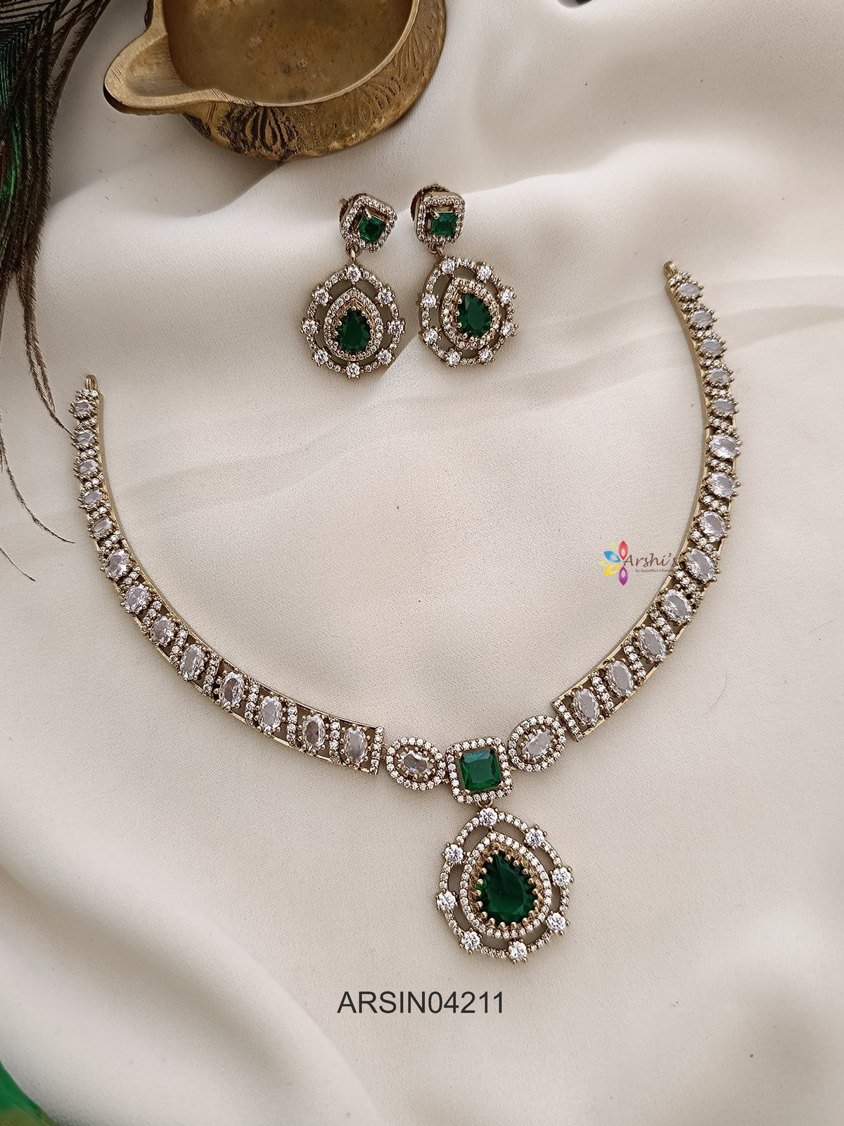 Emerald Tear Drop White Stone Necklace
