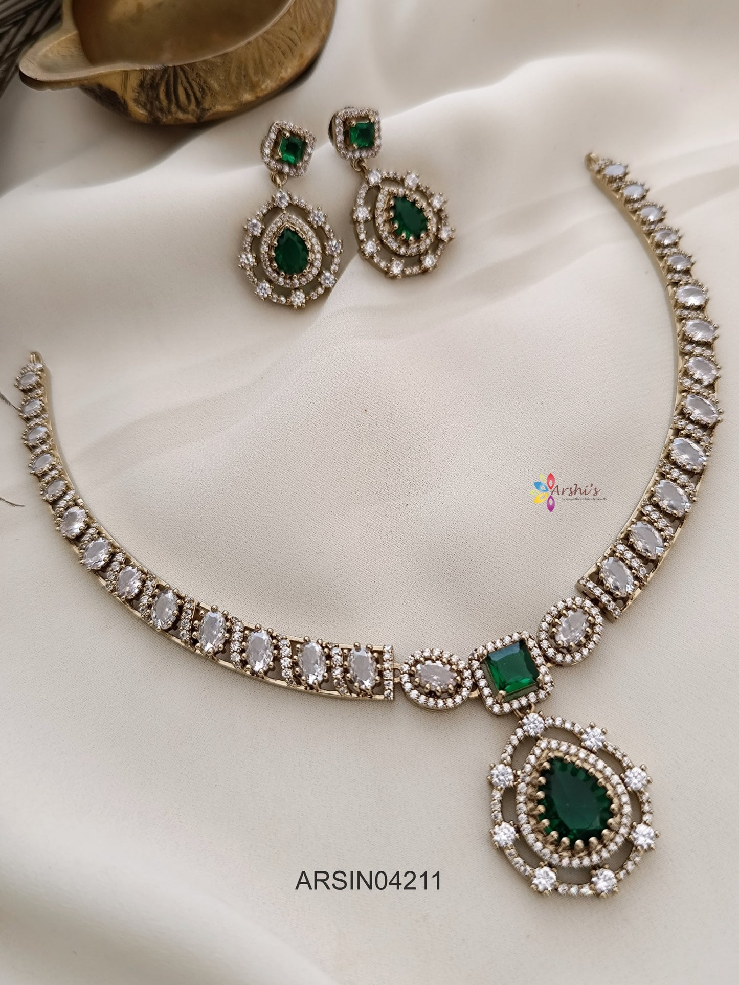 Emerald Tear Drop White Stone Necklace
