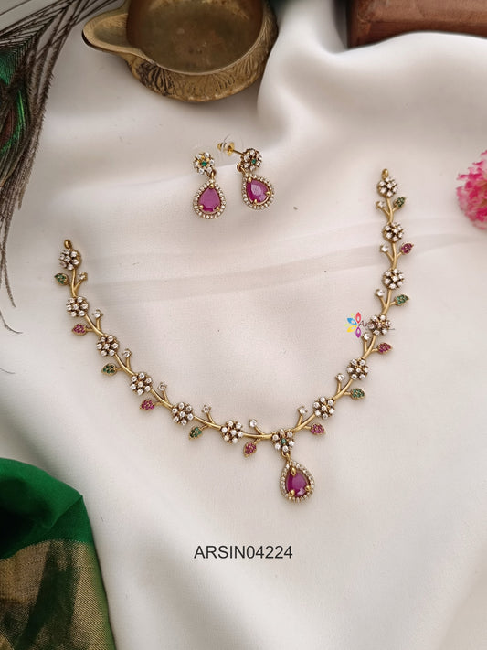 Flower and Leaf Design Stone Necklace