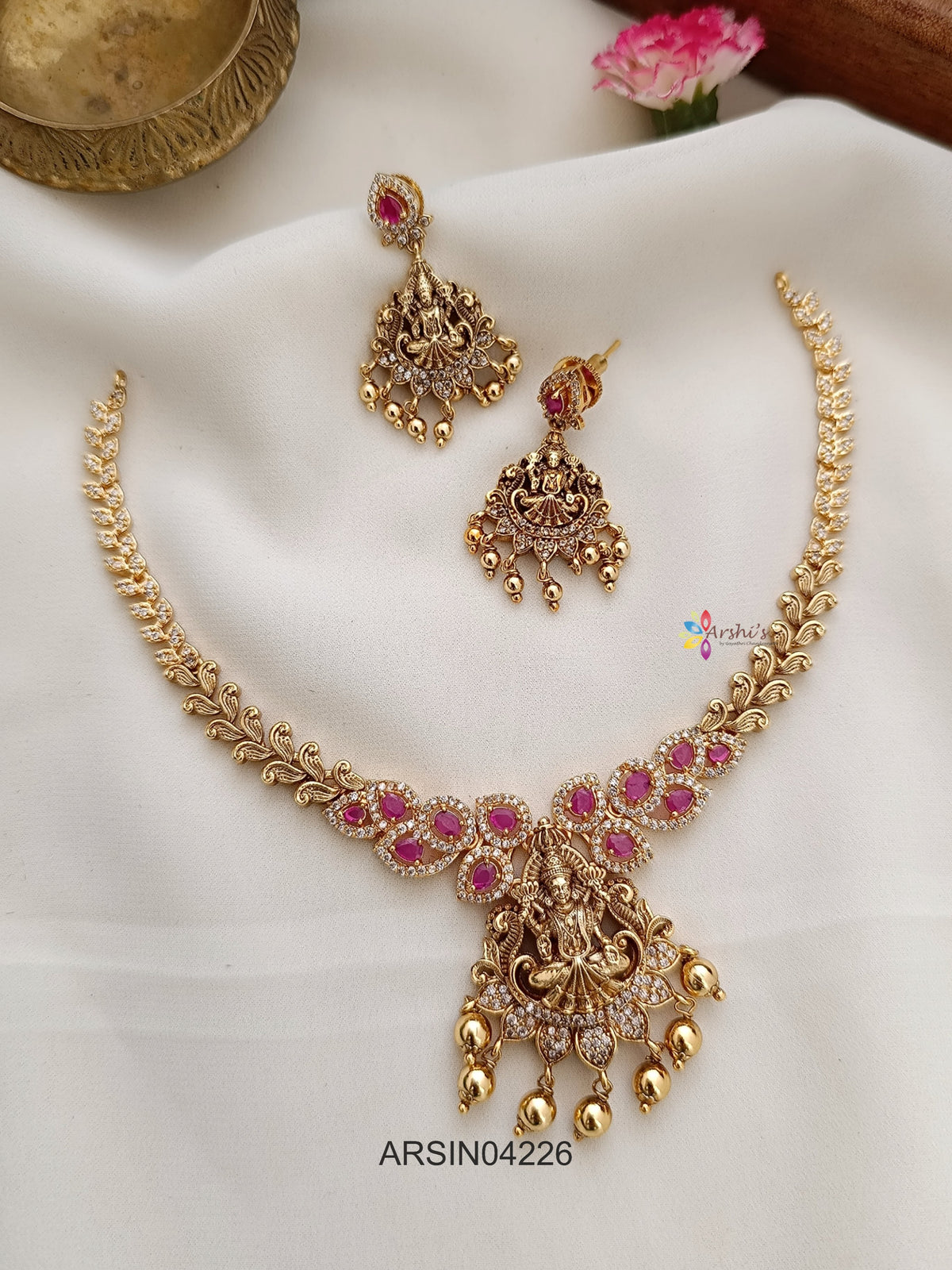 Lakshmi Pendant Ruby and White Stone Necklace