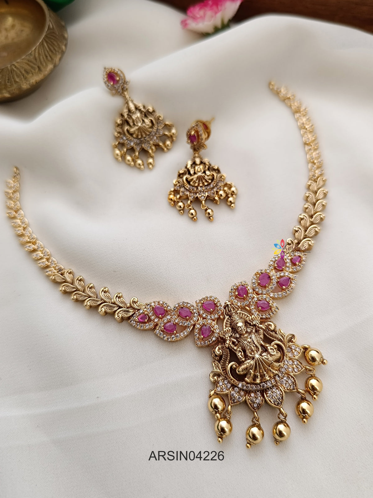 Lakshmi Pendant Ruby and White Stone Necklace