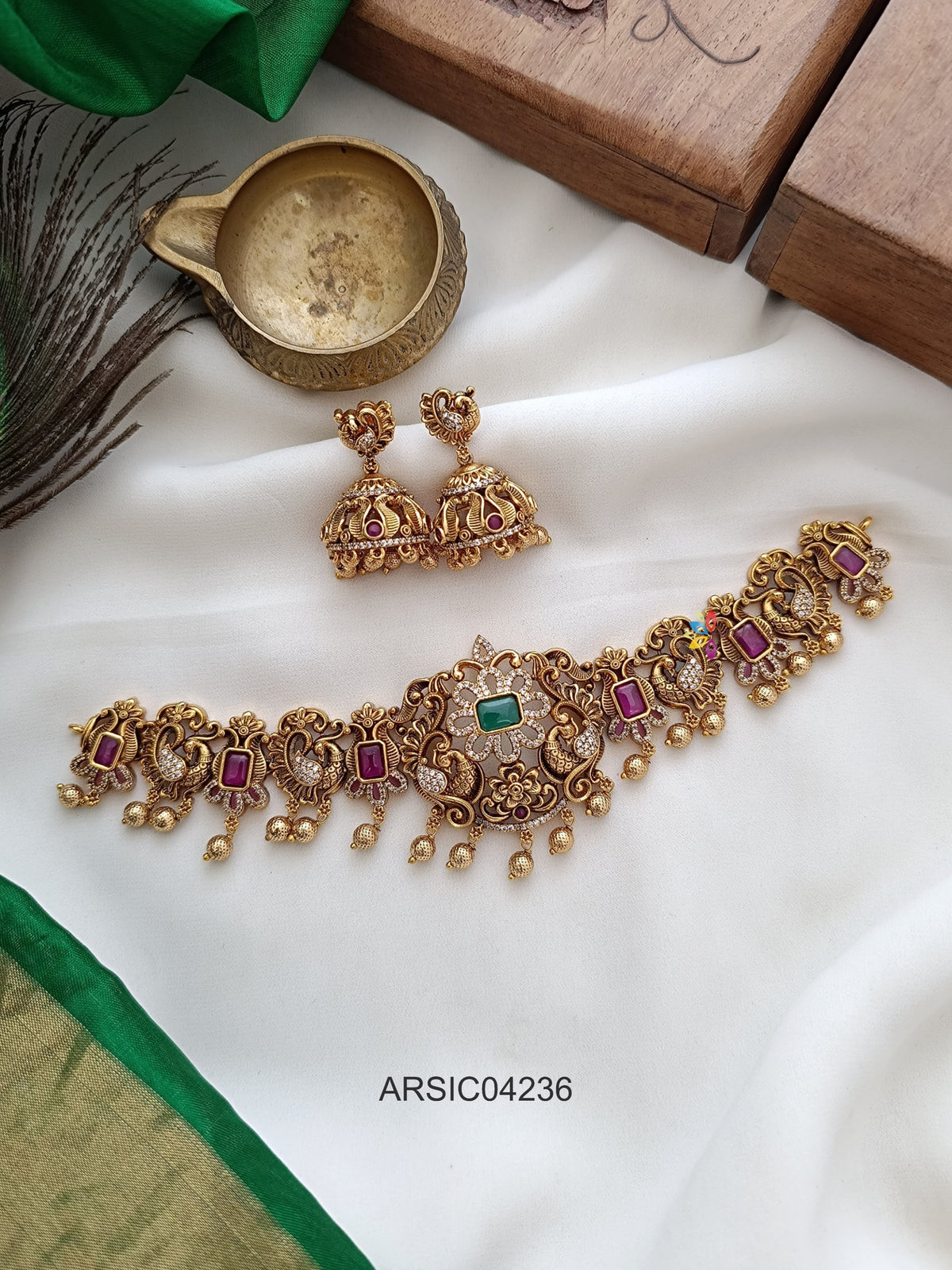 Antique Peacock Ruby and Emerald Choker