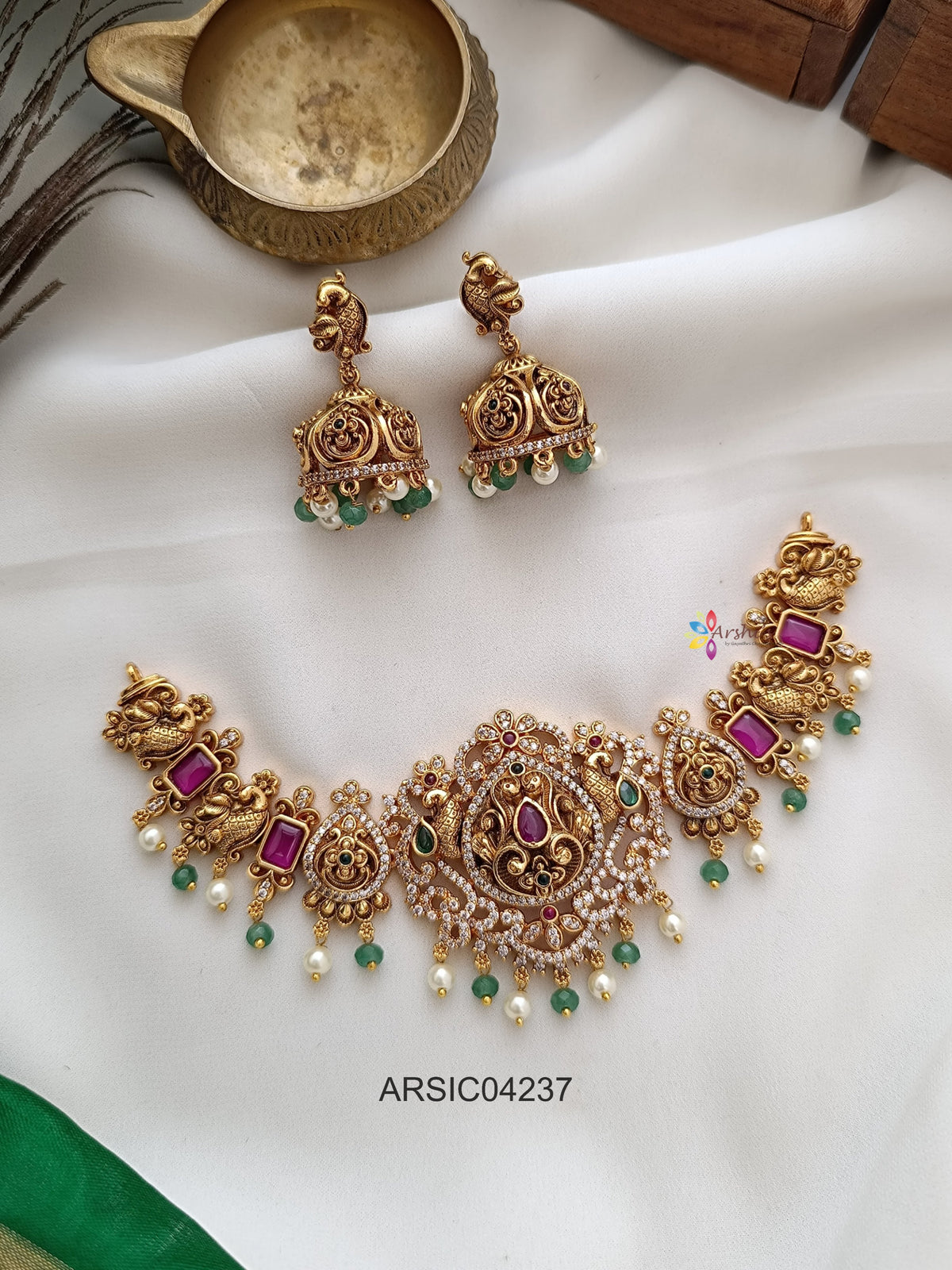 Antique Peacock Ruby and White Stone Choker