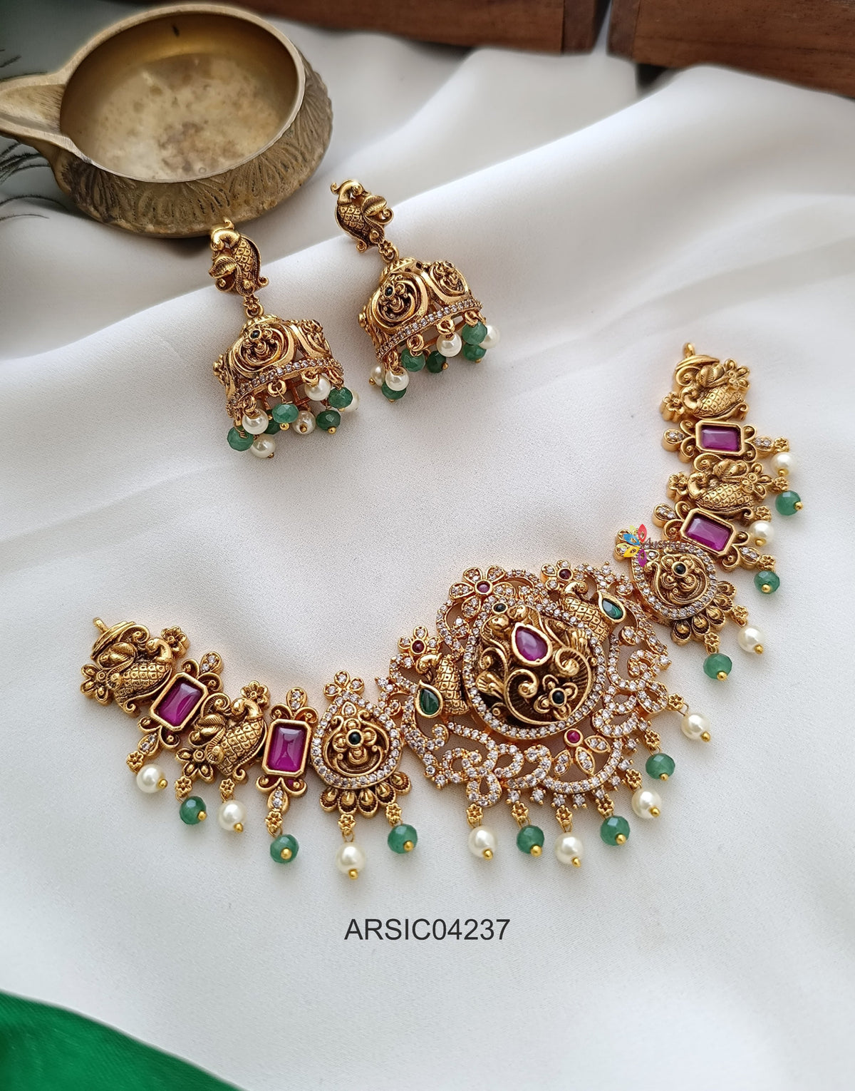 Antique Peacock Ruby and White Stone Choker