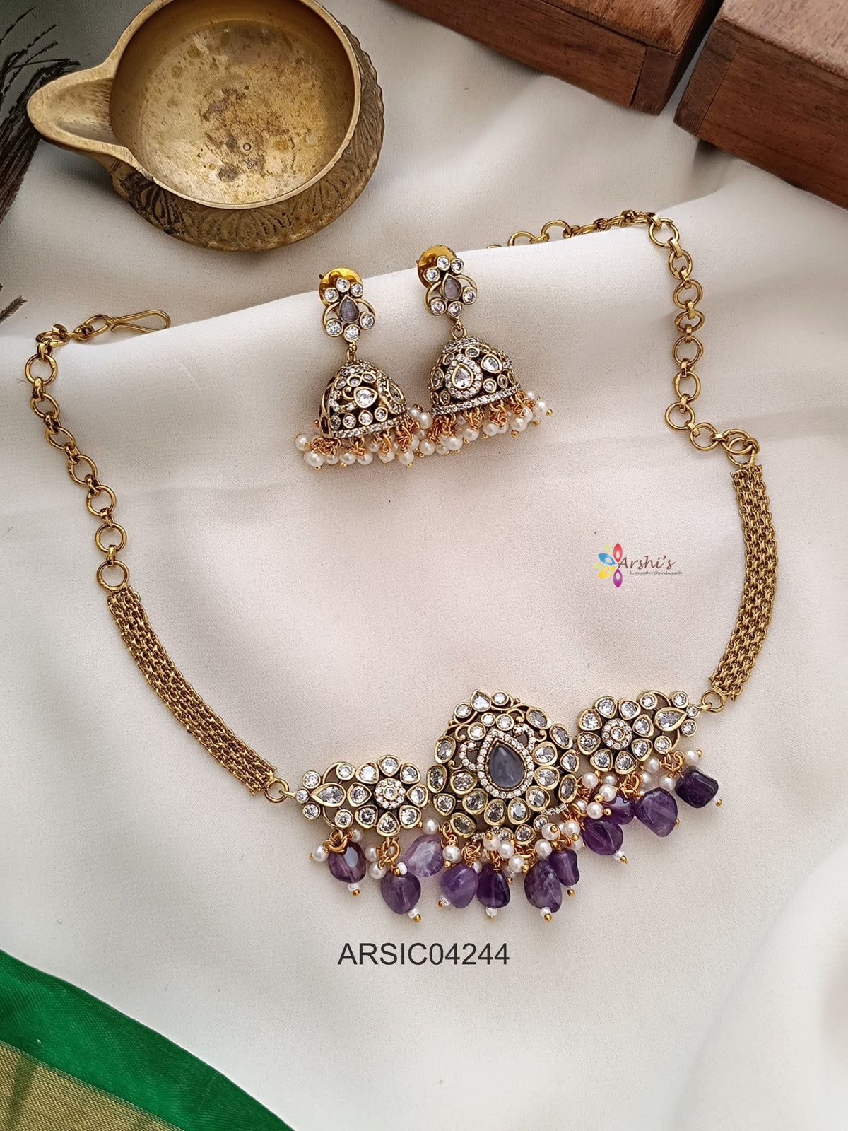 Victorian Purple Bead Drops Choker