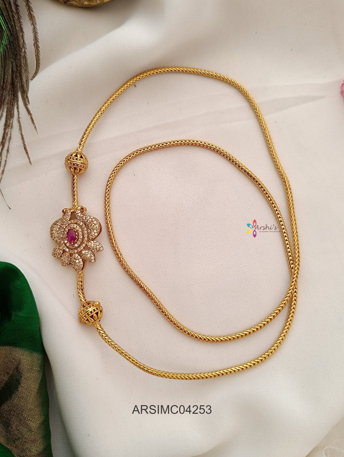 Peacock White and Ruby Stone Motif Mugappu Chain