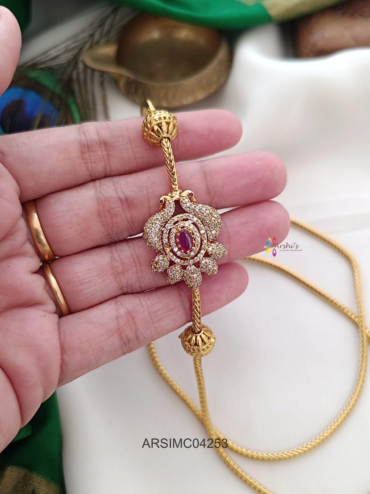 Peacock White and Ruby Stone Motif Mugappu Chain