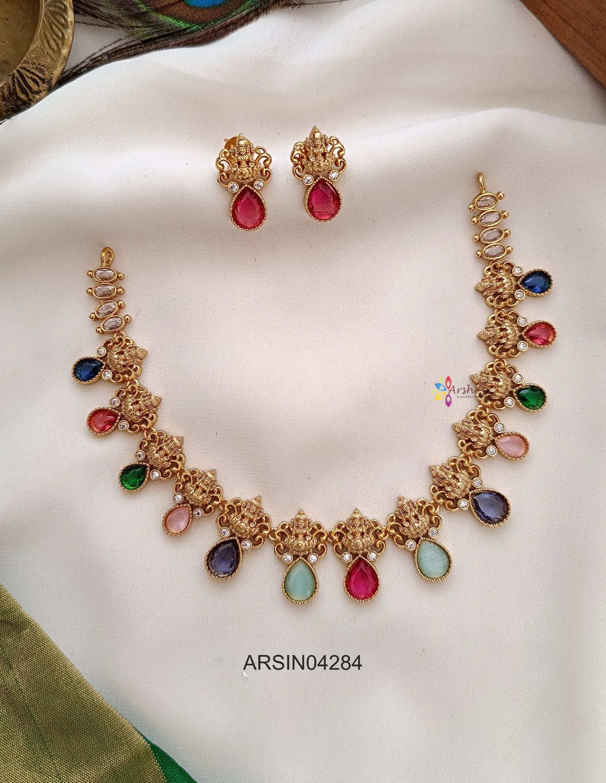Lakshmi Navarathna Tear Drop Stones Necklace