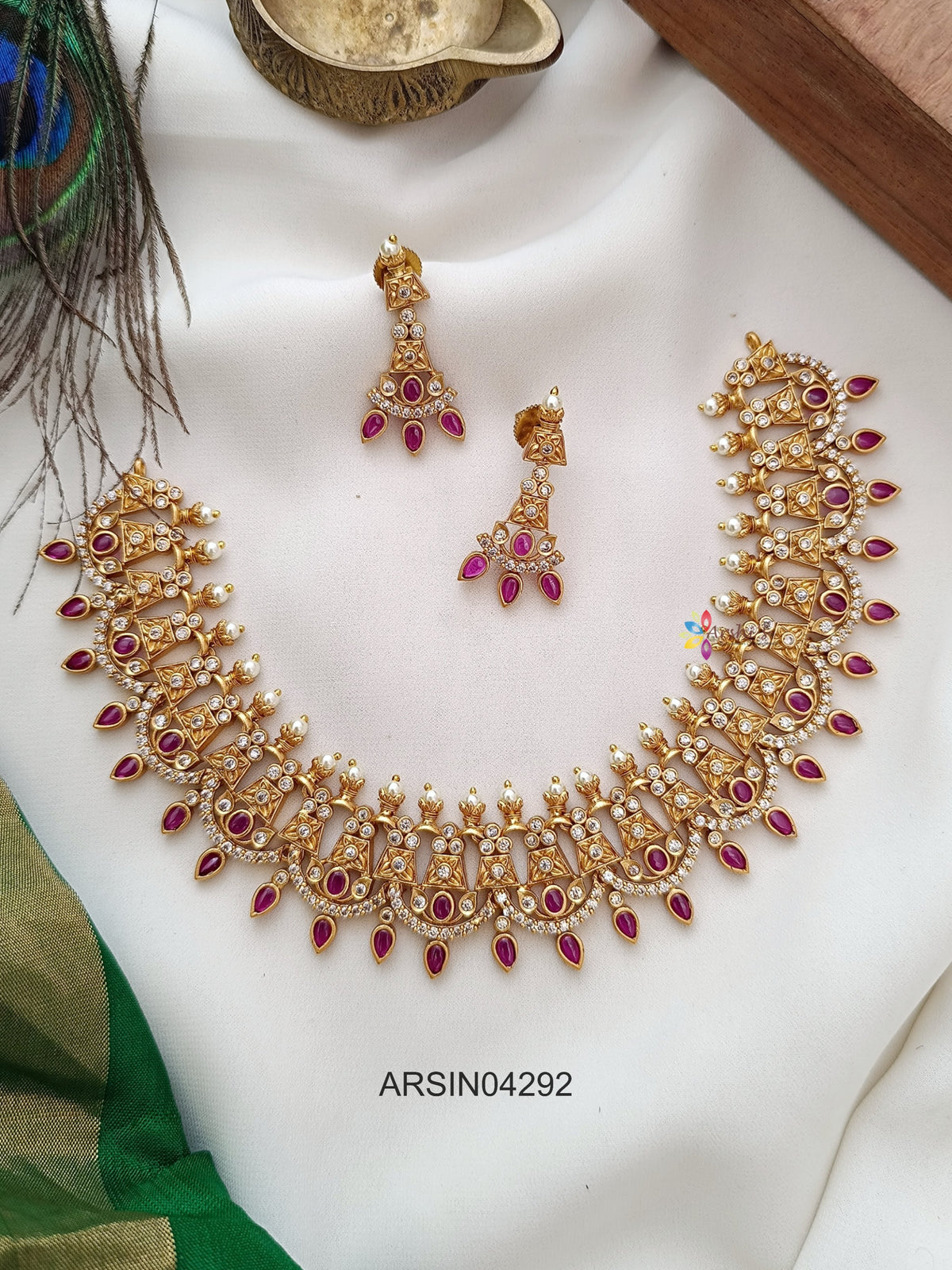 Antique White and Ruby Stone Necklace