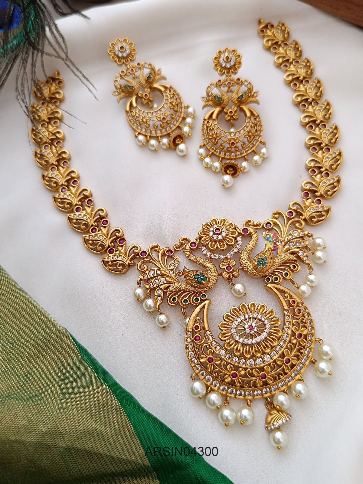 Dual Peacock Half Moon Pendant Necklace