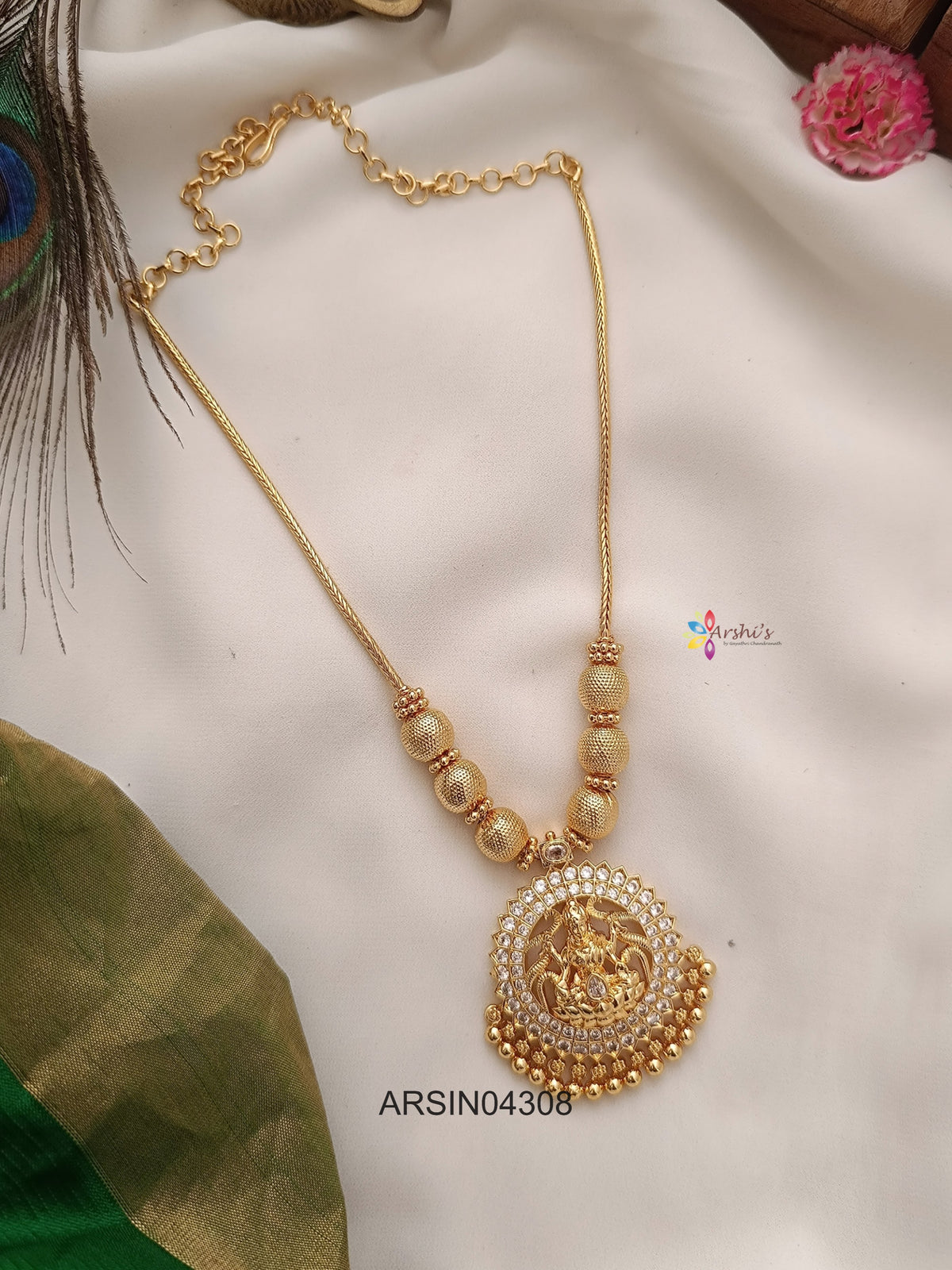 Lakshmi Pendant Gold Ball White Stone Necklace