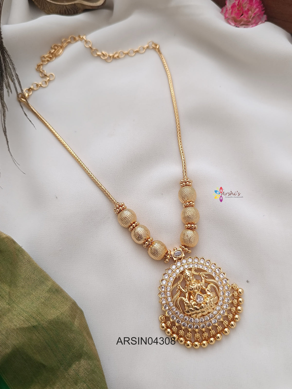 Lakshmi Pendant Gold Ball White Stone Necklace