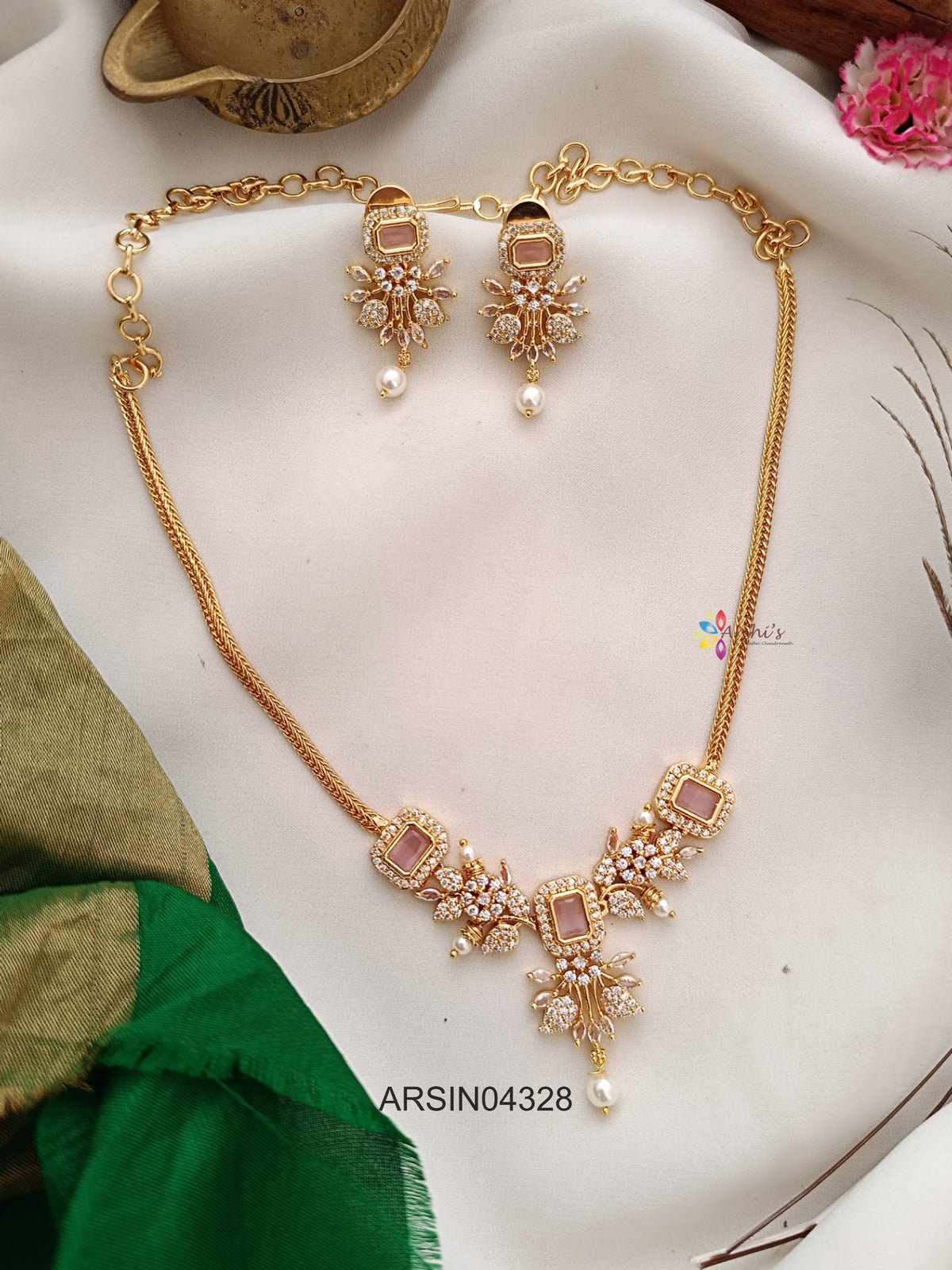 Pale Pink and White Stone Necklace