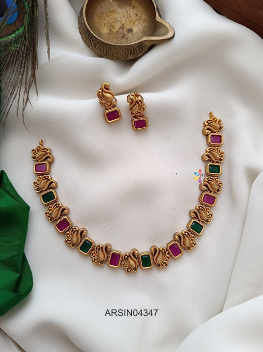 Swan Square Pink and Green Stone Necklace