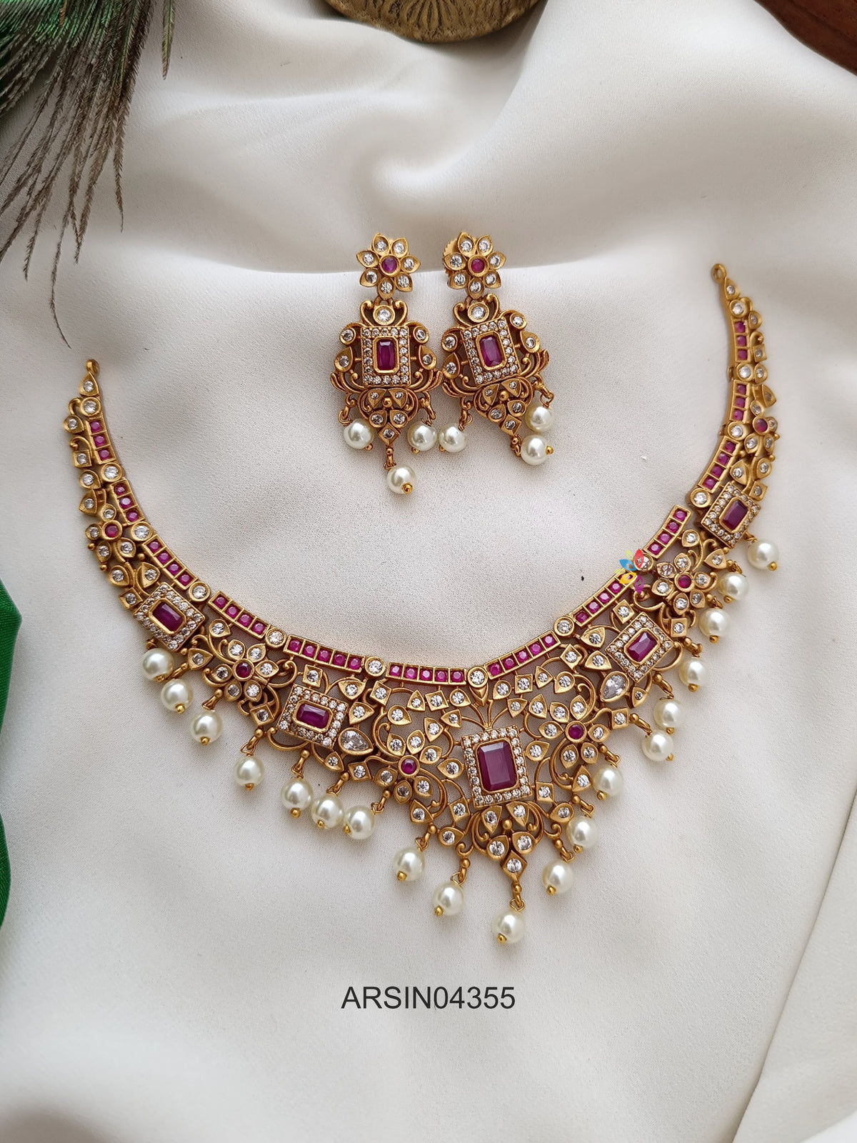 AD Ruby Stone Pearl Drop Necklace