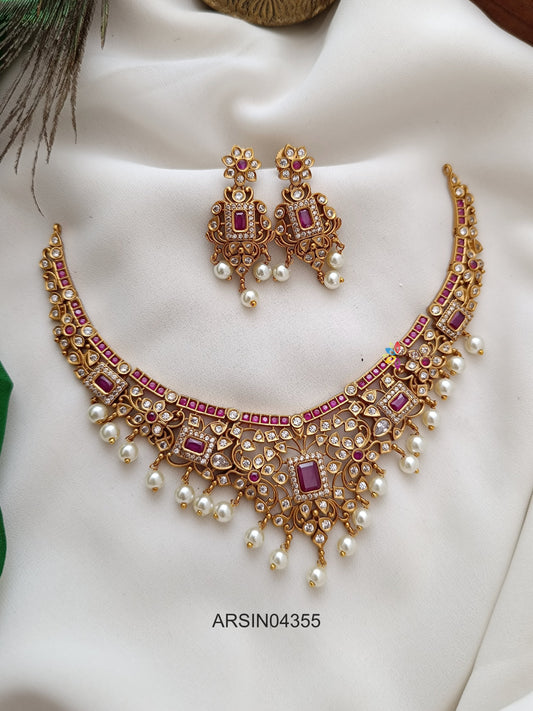 AD Ruby Stone Pearl Drop Necklace
