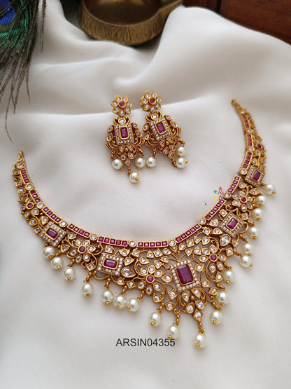 AD Ruby Stone Pearl Drop Necklace