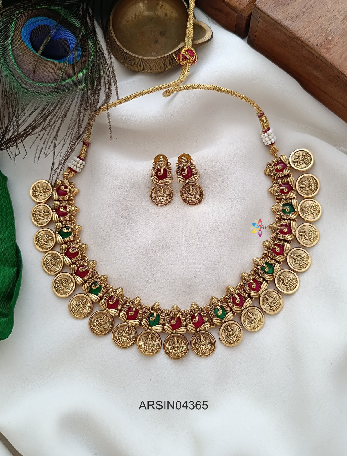 Lakshmi Coin Ganesha Red and Green Stone Necklace