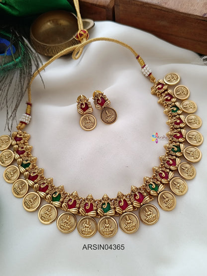 Lakshmi Coin Ganesha Red and Green Stone Necklace