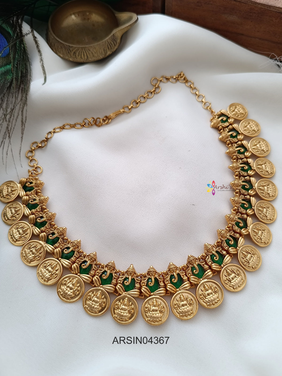 Lakshmi Coin Ganesha Green Stone Necklace