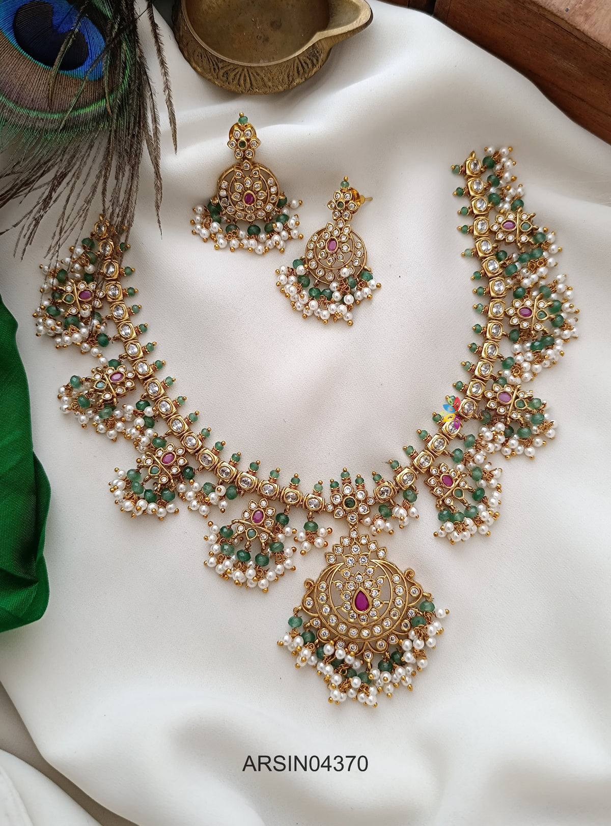 AD Stone Pearl and Green Bead Necklace