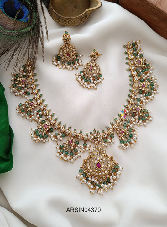 AD Stone Pearl and Green Bead Necklace