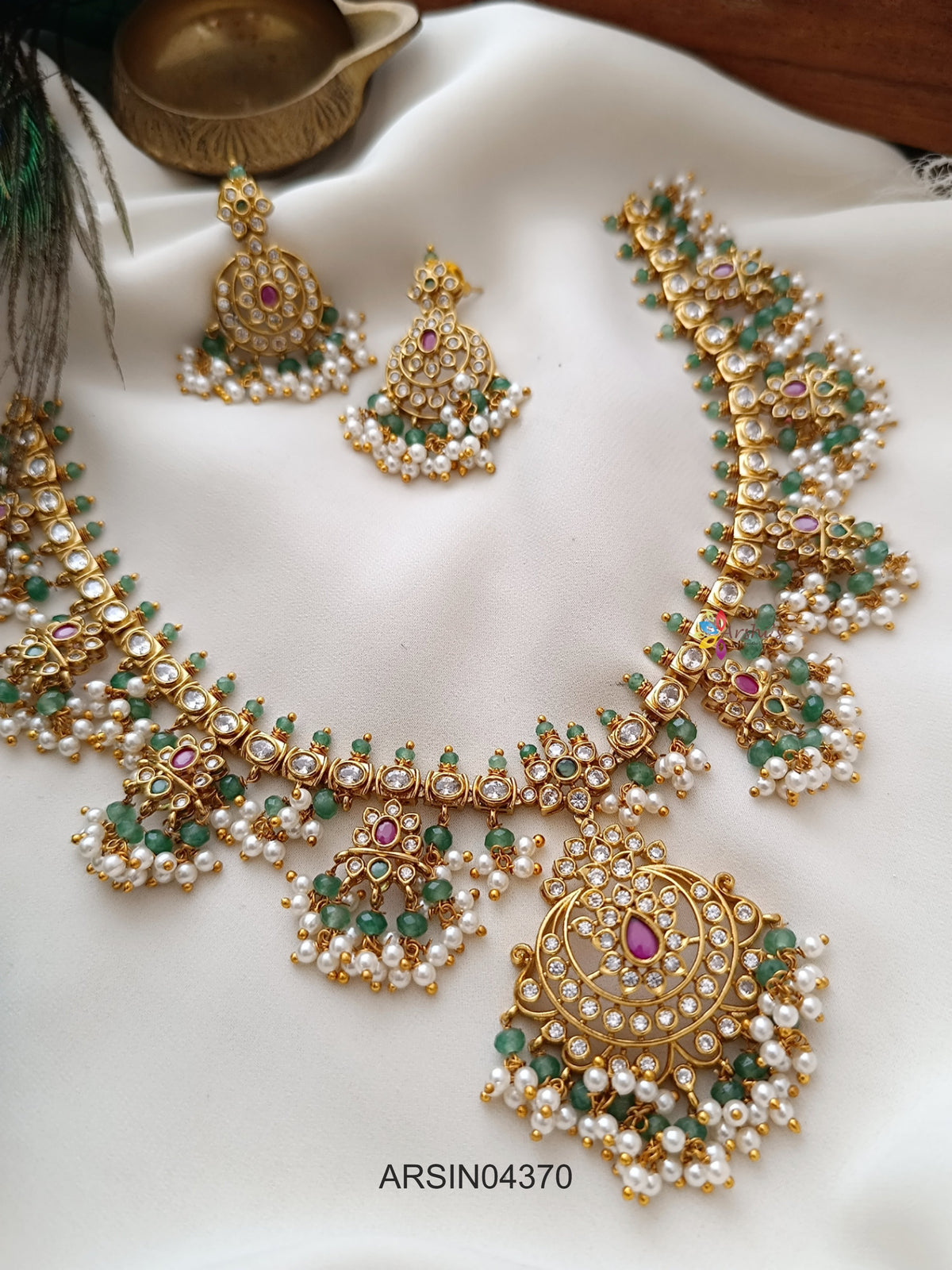 AD Stone Pearl and Green Bead Necklace