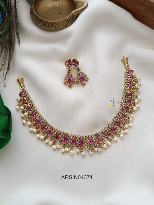 Ruby AD Stone Pearl Drops Necklace