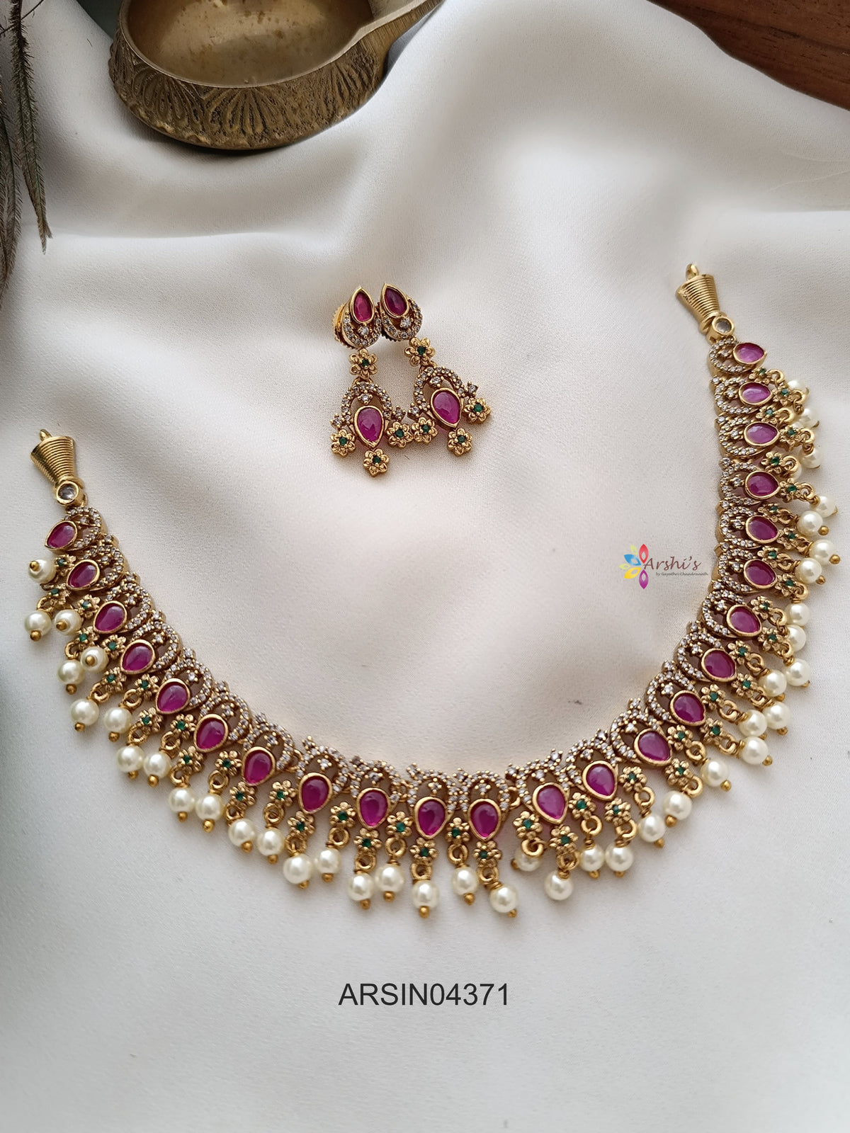 Ruby AD Stone Pearl Drops Necklace