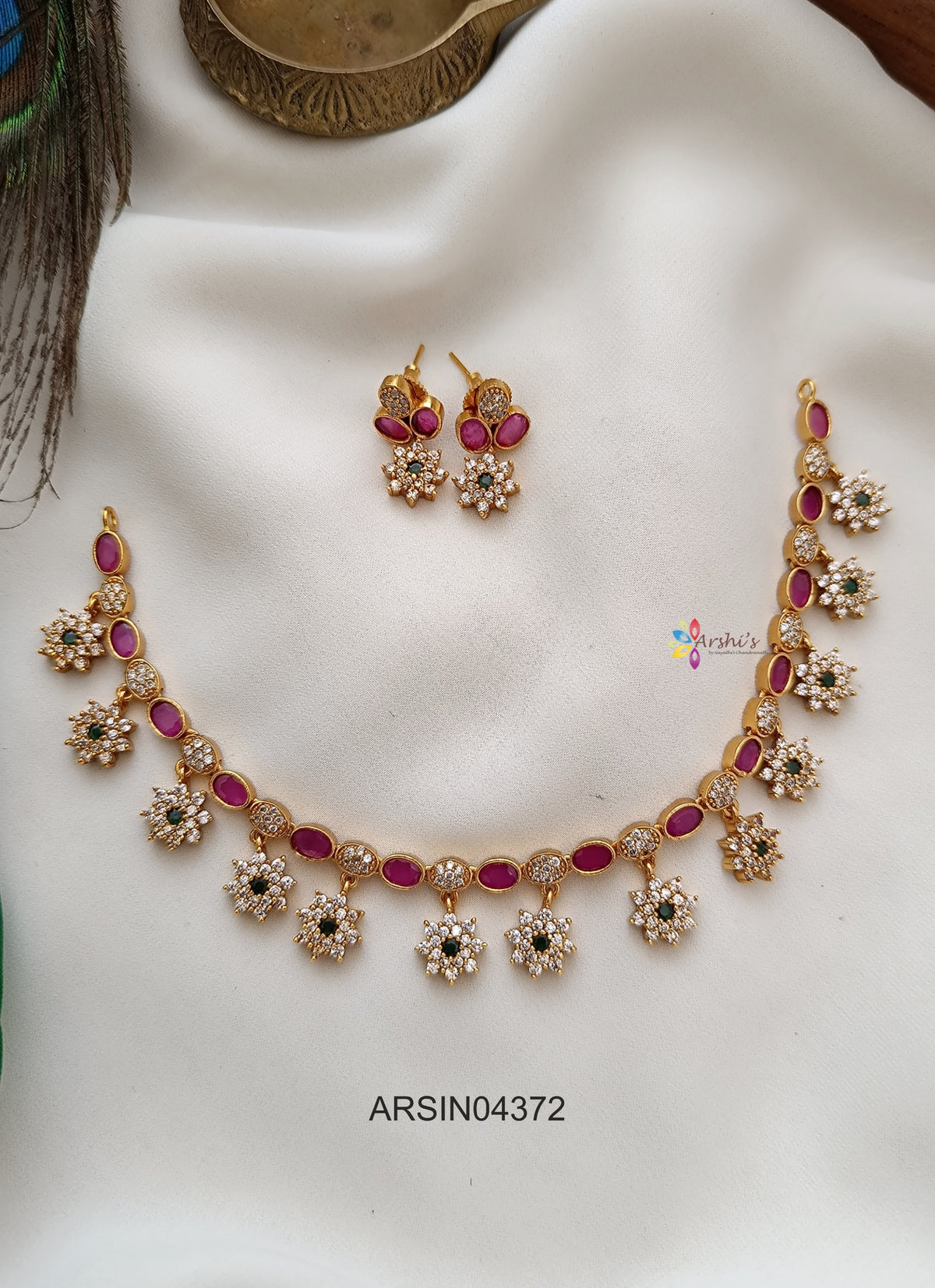 Ruby and White Stone Flower Drop Necklace