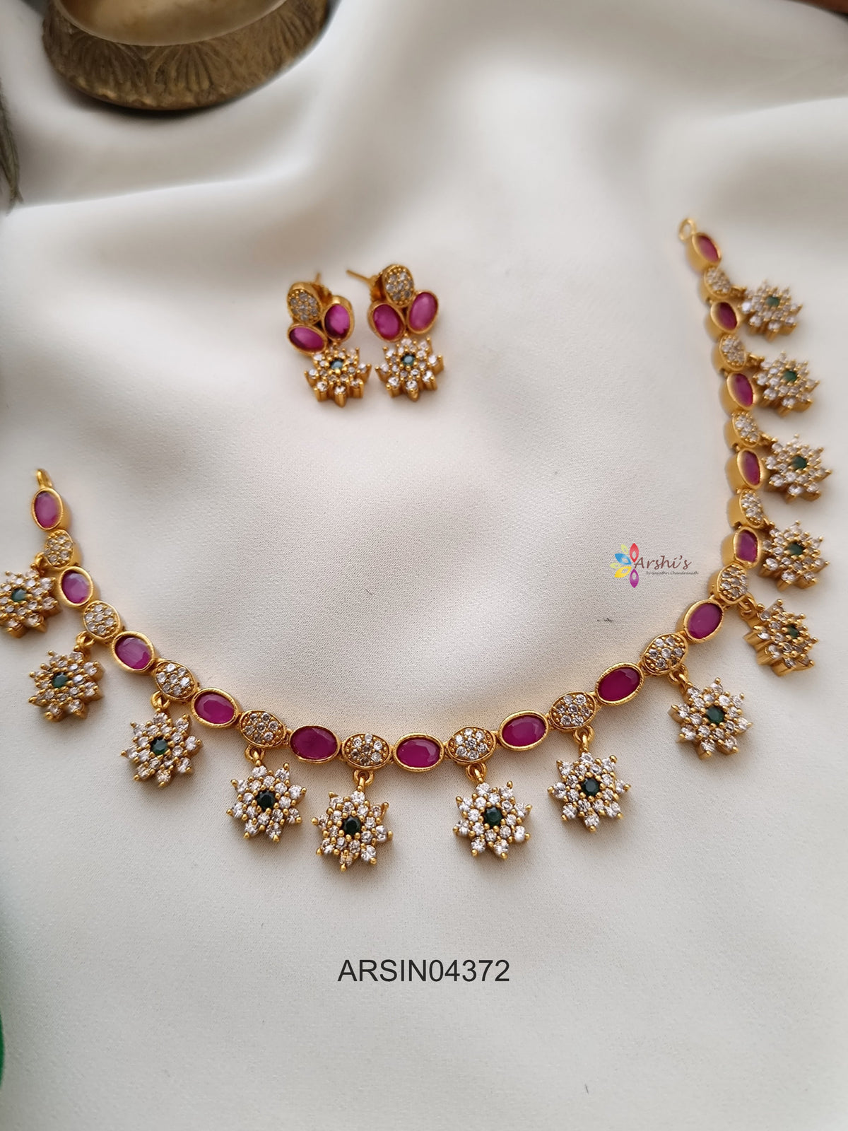 Ruby and White Stone Flower Drop Necklace