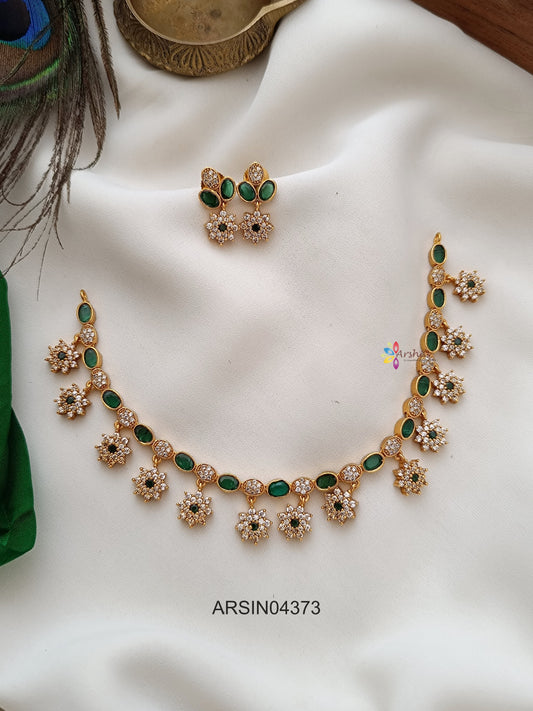Emerald and White Stone Flower Drop Necklace