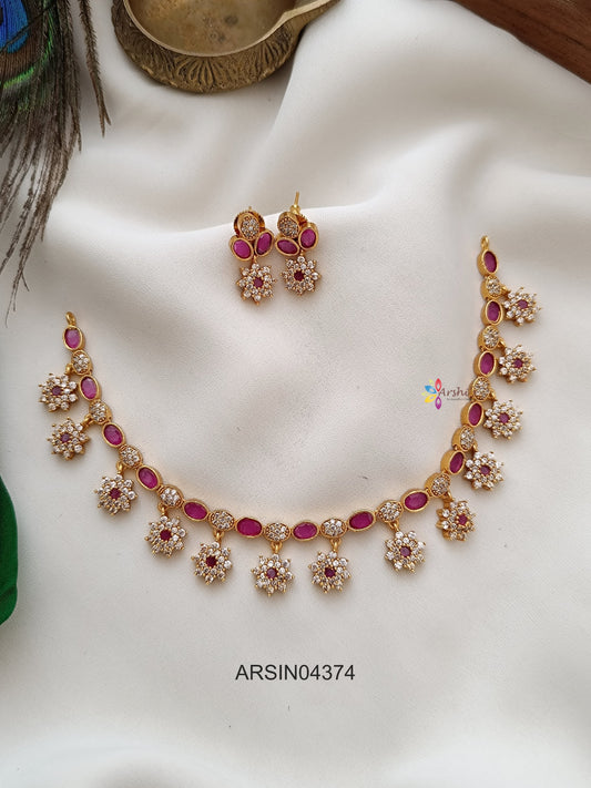 Ruby and White Stone Flower Drop Necklace
