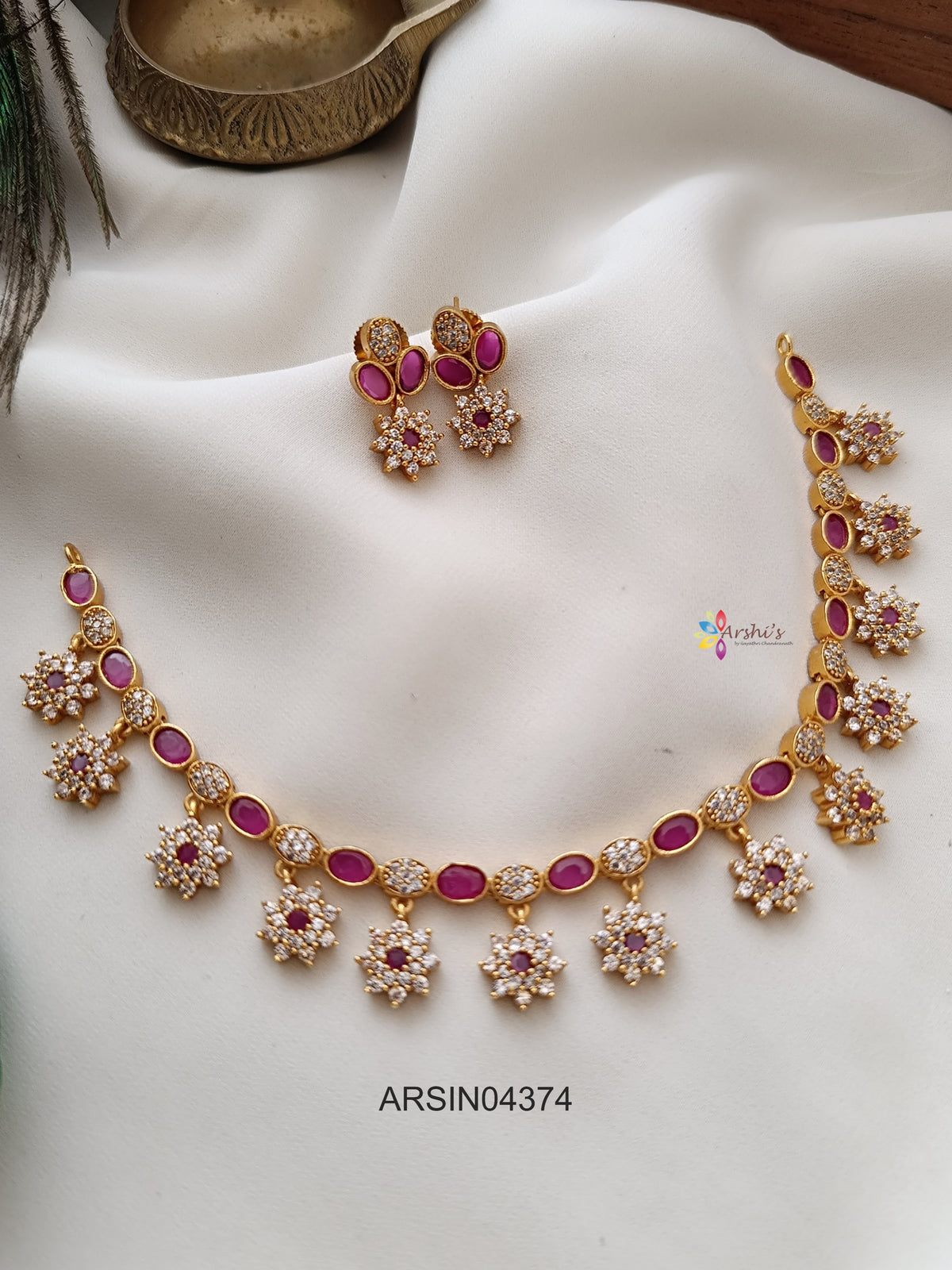Ruby and White Stone Flower Drop Necklace