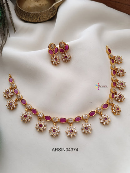 Ruby and White Stone Flower Drop Necklace