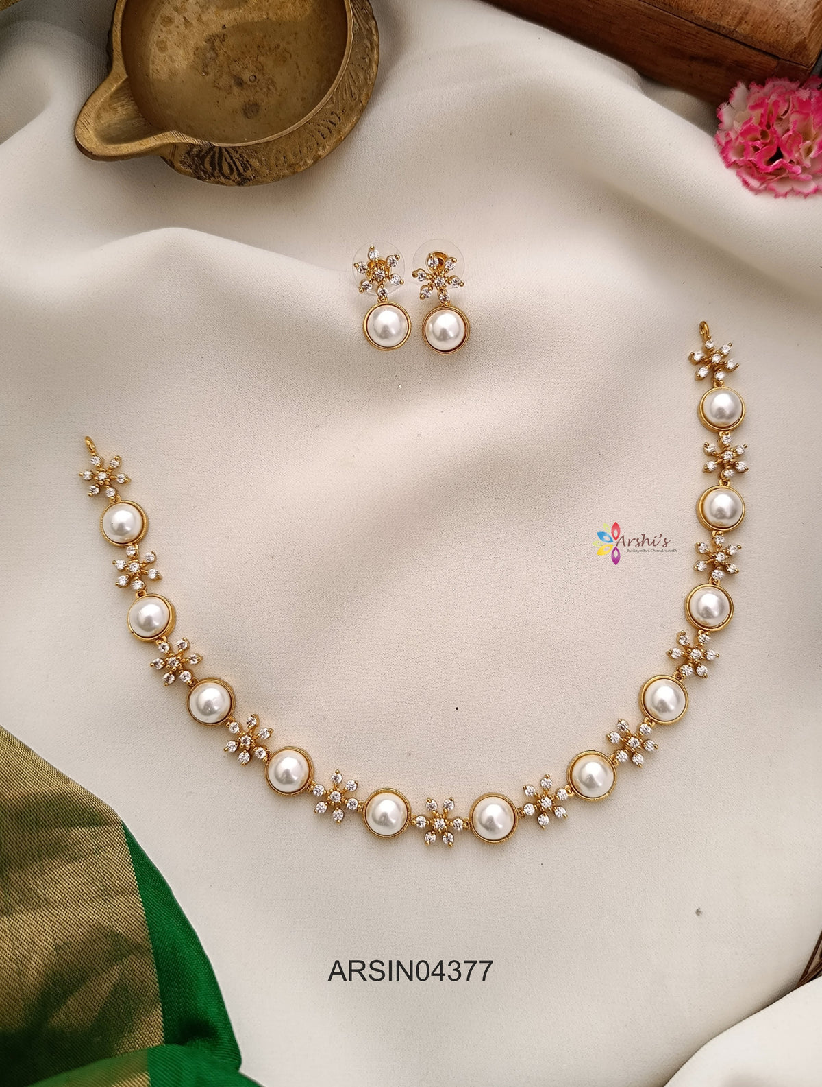 Pearl and AD White Stone Necklace