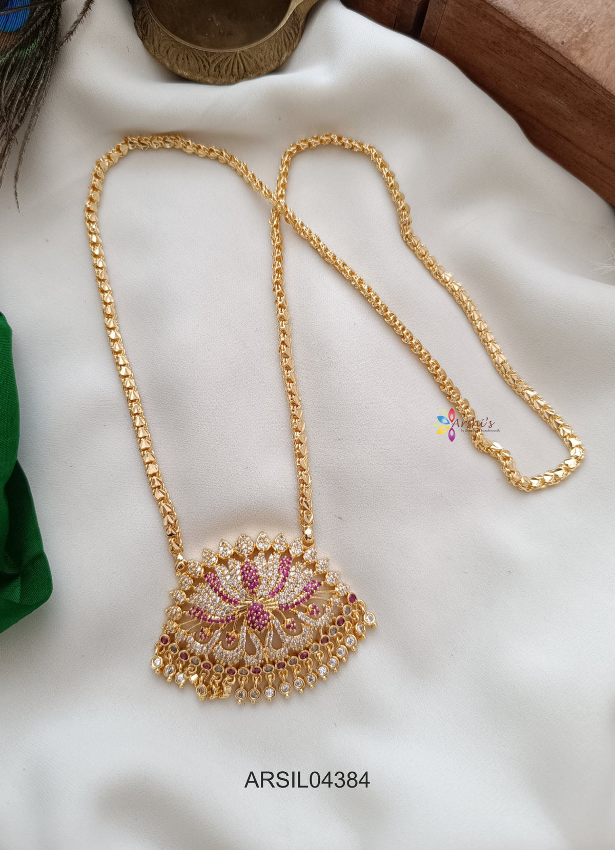 Vintage Lotus Stone Pendant Long Haram
