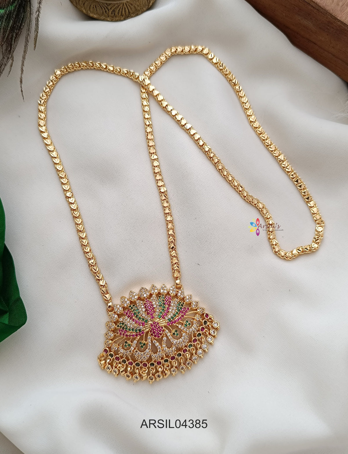 Vintage Lotus Stone Pendant Long Haram