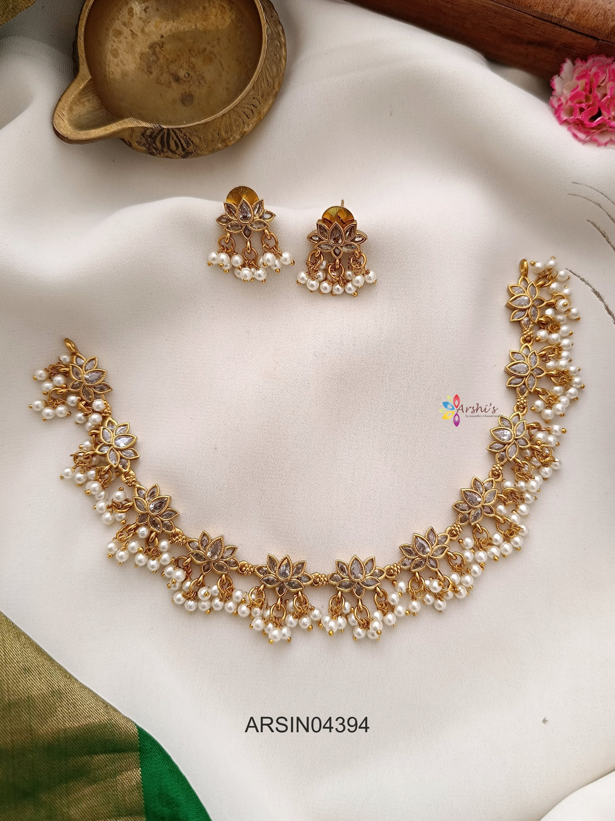 Lotus White Stone Pearl Drops Necklace