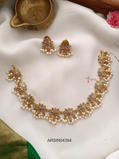 Lotus White Stone Pearl Drops Necklace