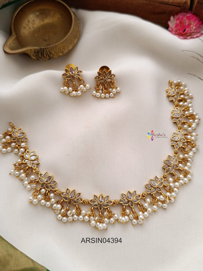 Lotus White Stone Pearl Drops Necklace