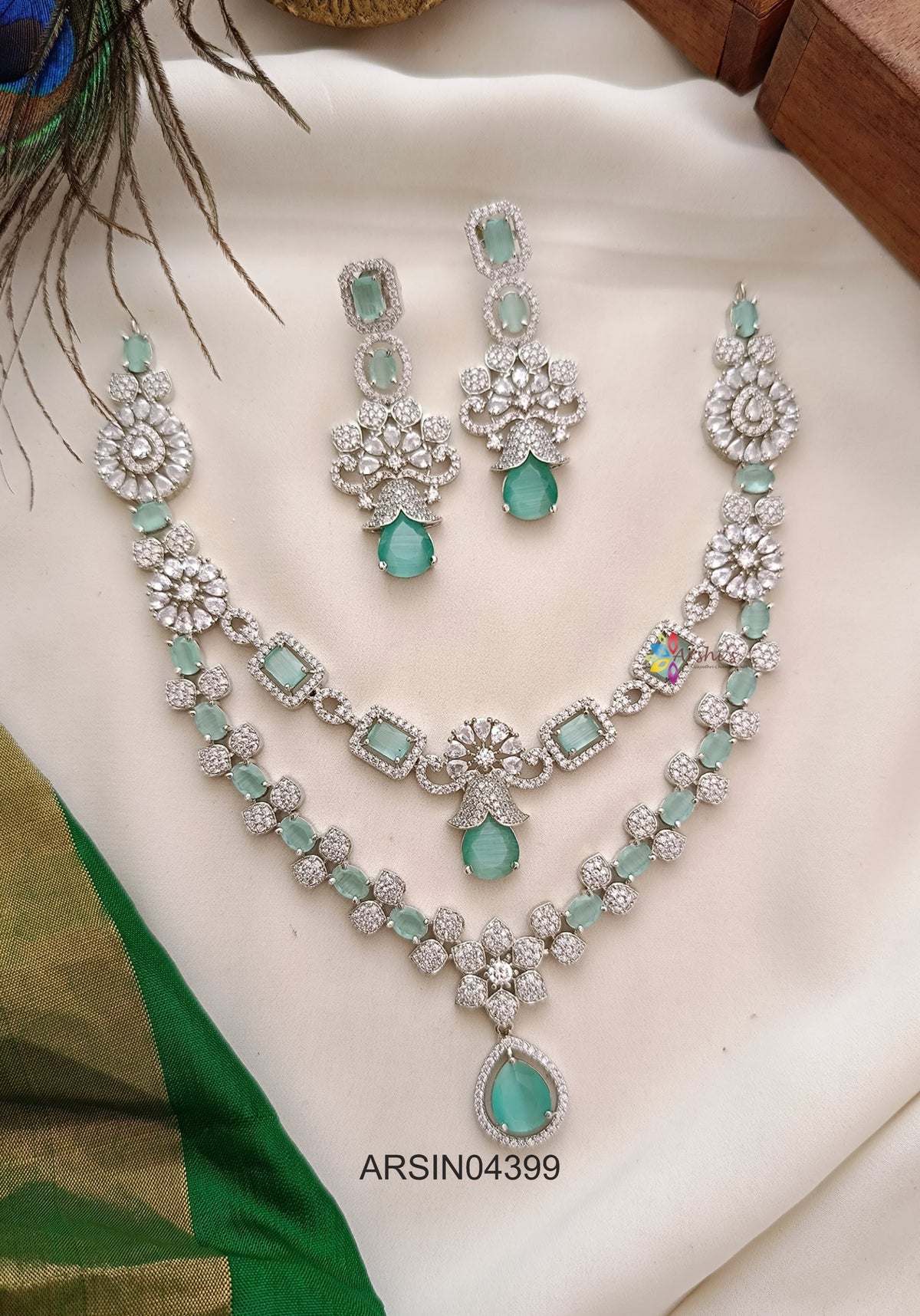 Rodium Plated AD and Sea Green Stone Necklace