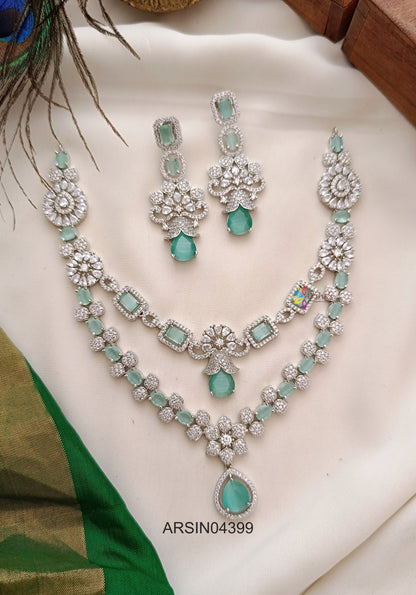 Rodium Plated AD and Sea Green Stone Necklace