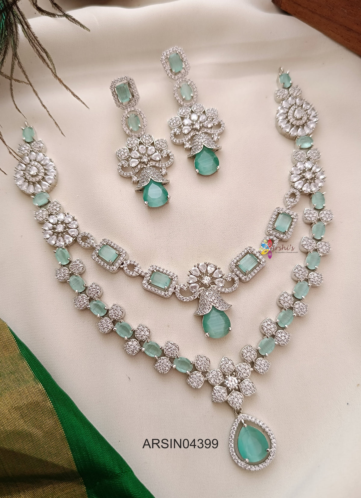 Rodium Plated AD and Sea Green Stone Necklace