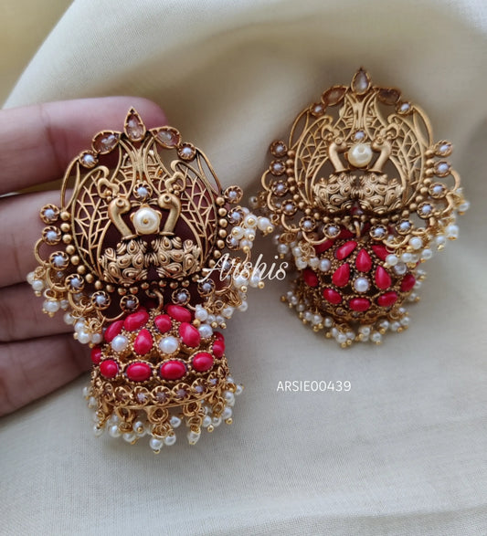 Grand Red Stone Dual Peacock Jhumka